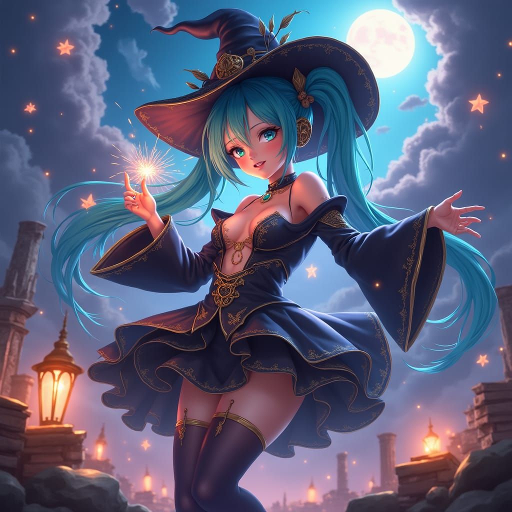 Hatsune Miku as Witch in Fantasy Concept Art