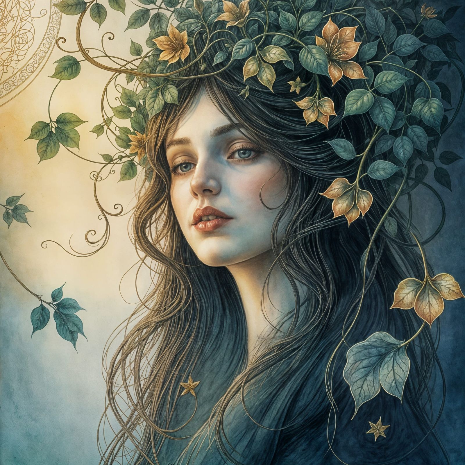 Ethereal Beauty in Art Nouveau Watercolor Portrait