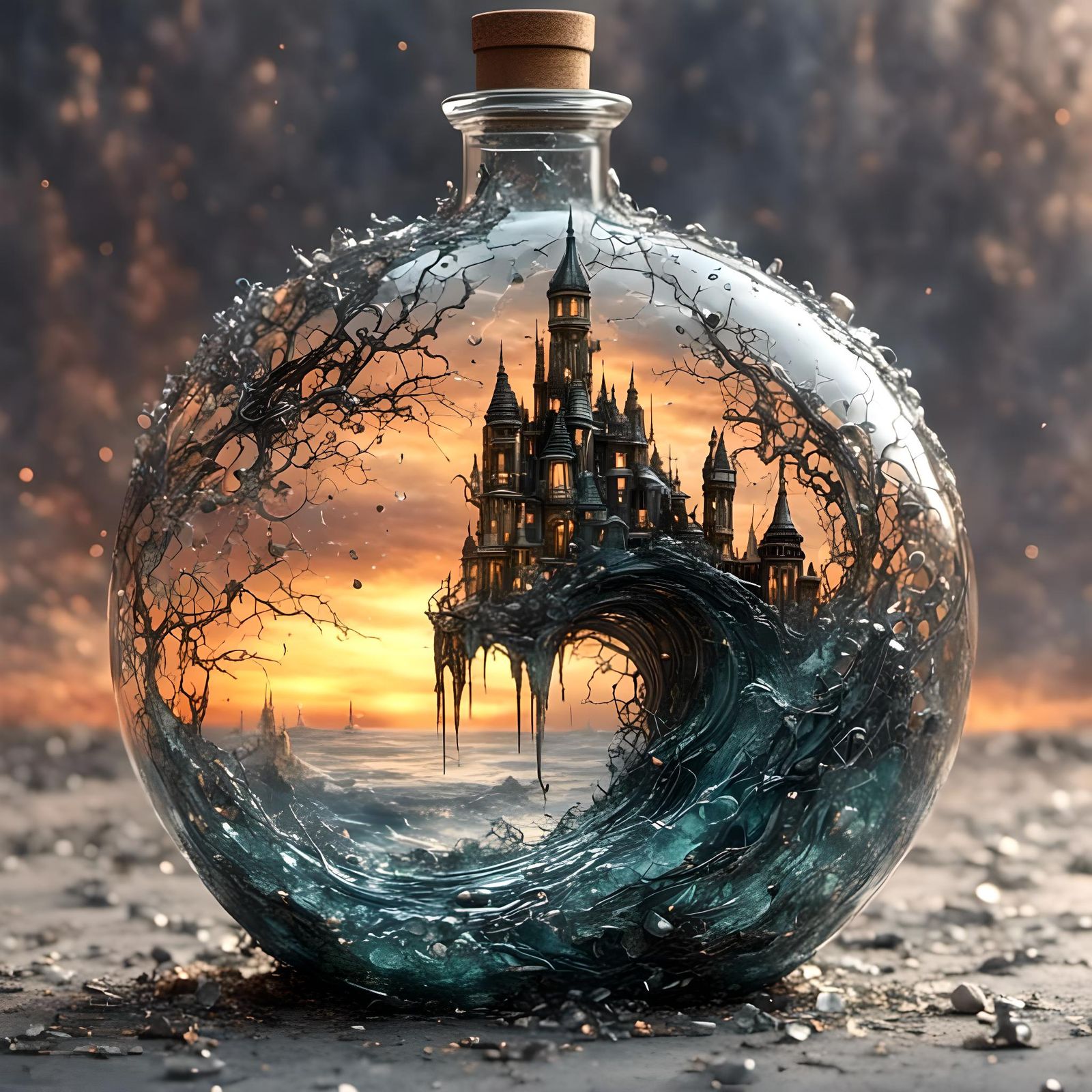 Cracked Bottle with Magical Elements
