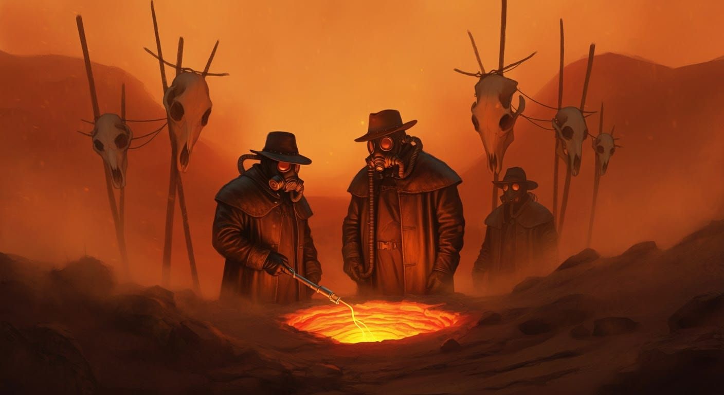 Silent Figures Confront Emberroot Pit in Grim Western Desert