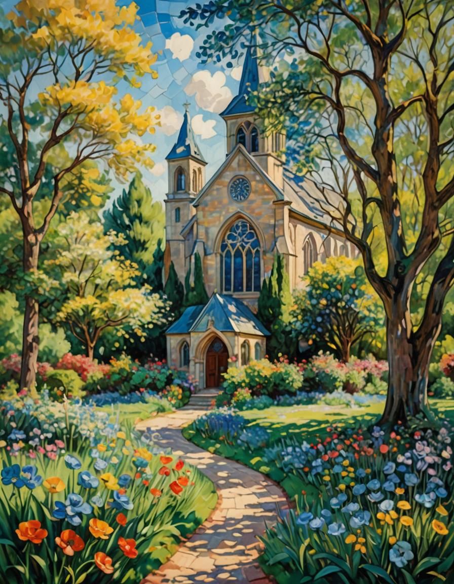Impressionistic Church with Stained Glass and Flowers
