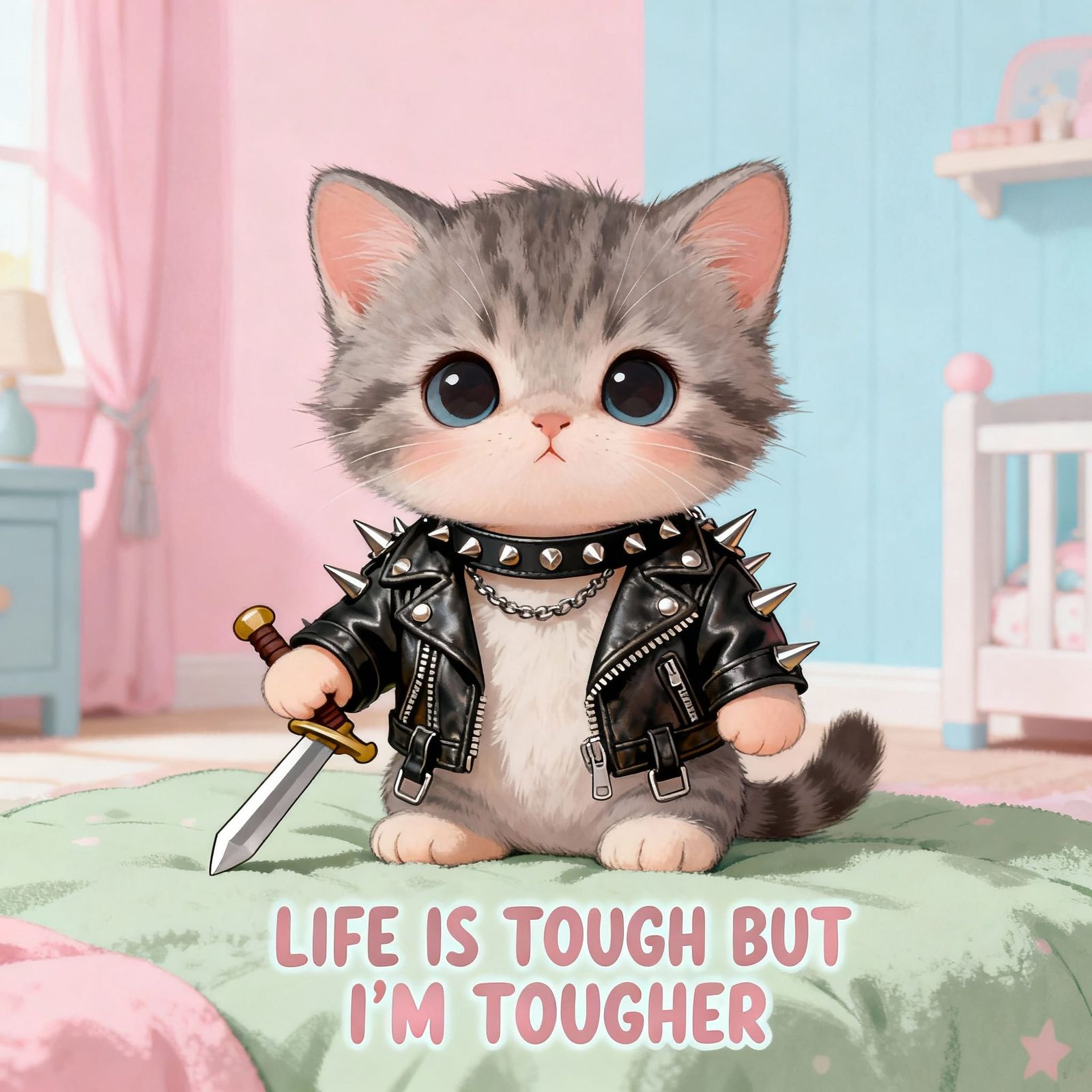 Adorable Punk Kitten Warrior in Soft Pastel Nursery Art