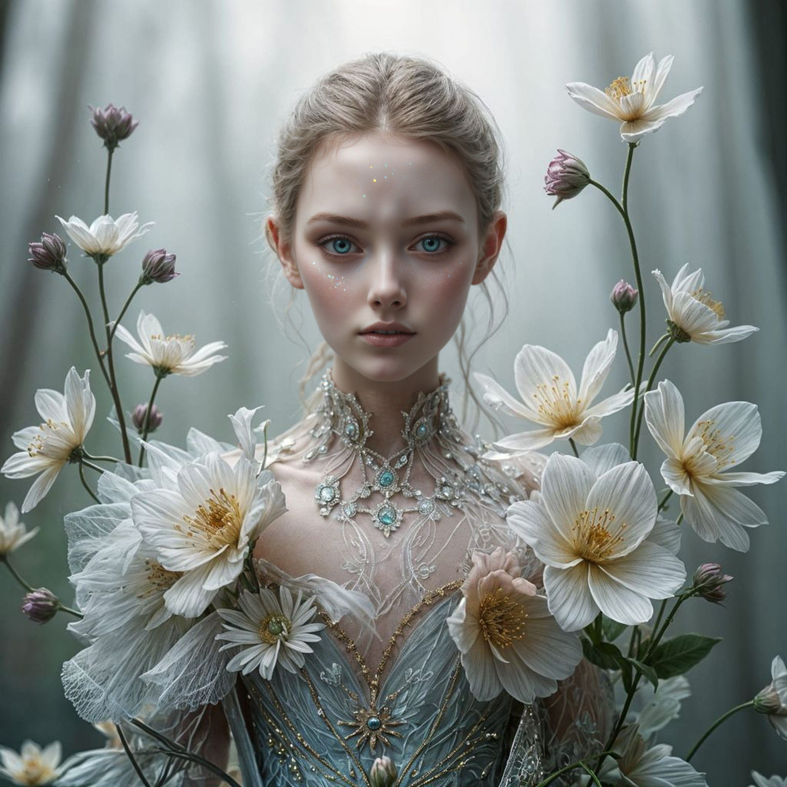 Enchanting Lady in Iridescent Gown amidst Whimsical Florals