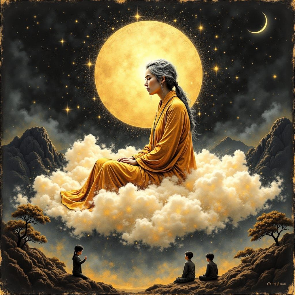 Ethereal Mother in Heaven with Three Sons Below