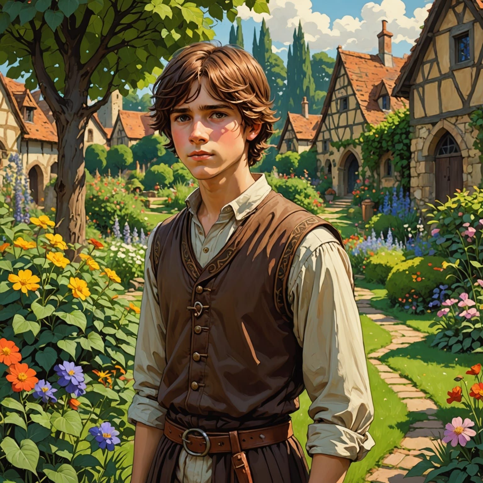 Medieval Boy in Fantasy Garden, Waterhouse Style