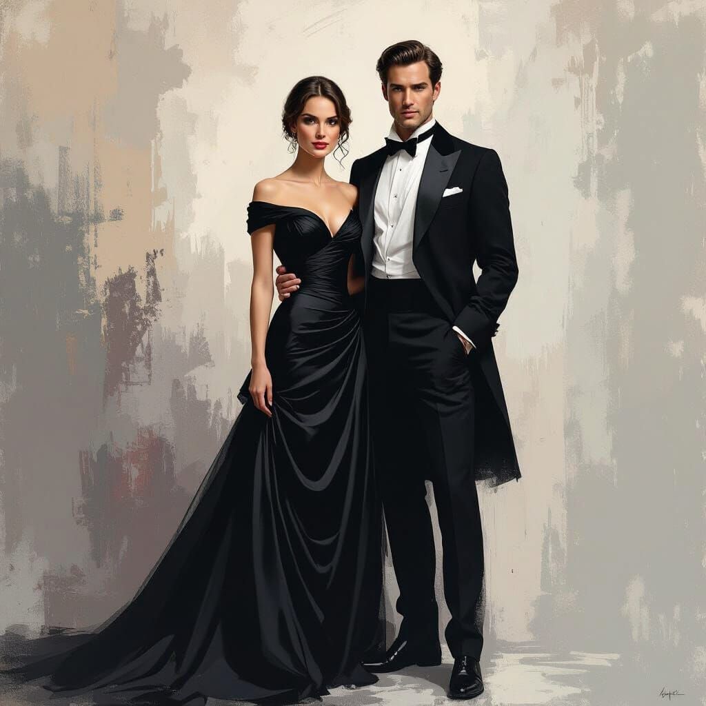 Elegant Woman in Black Dress: Abstract Expressionist Neo-Noi...