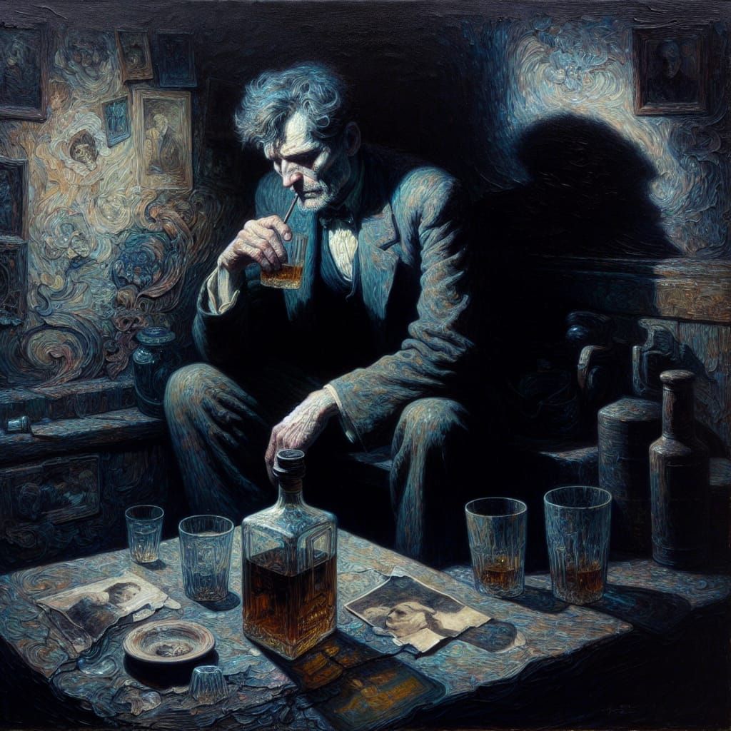 a middle-aged man engulfed by depression and alcoholism