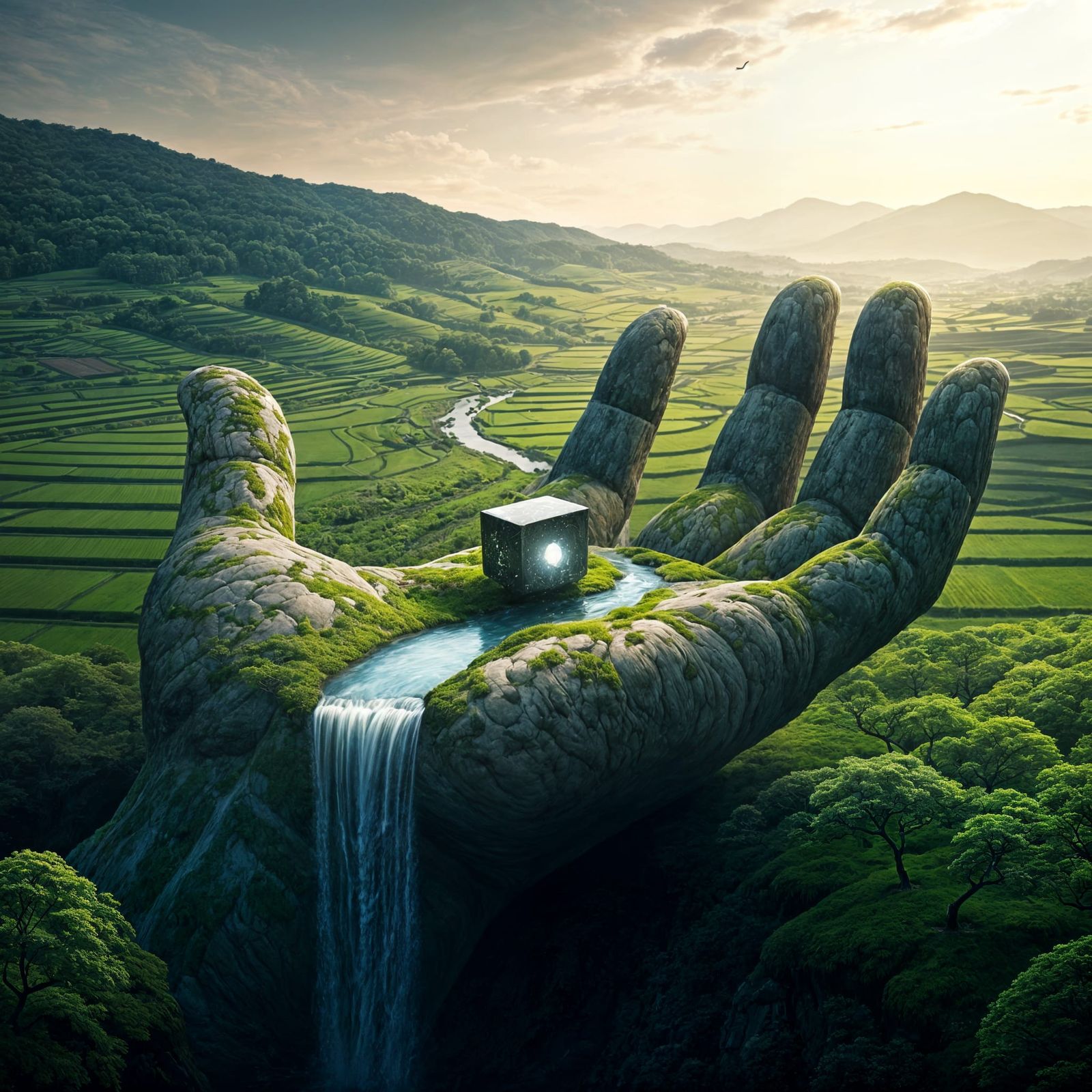 Giant Stone Hand in Dreamlike Japanese Landscape