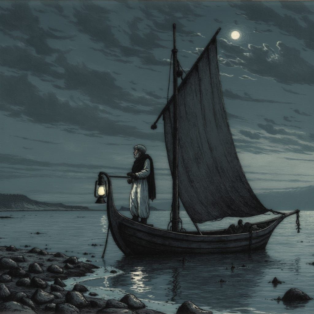 Boat to Hades with Knight in Dark Fantasy Style