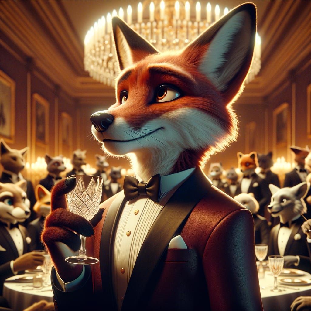 Sophisticated Fox in Tuxedo at Elegant Animal Dinner Party