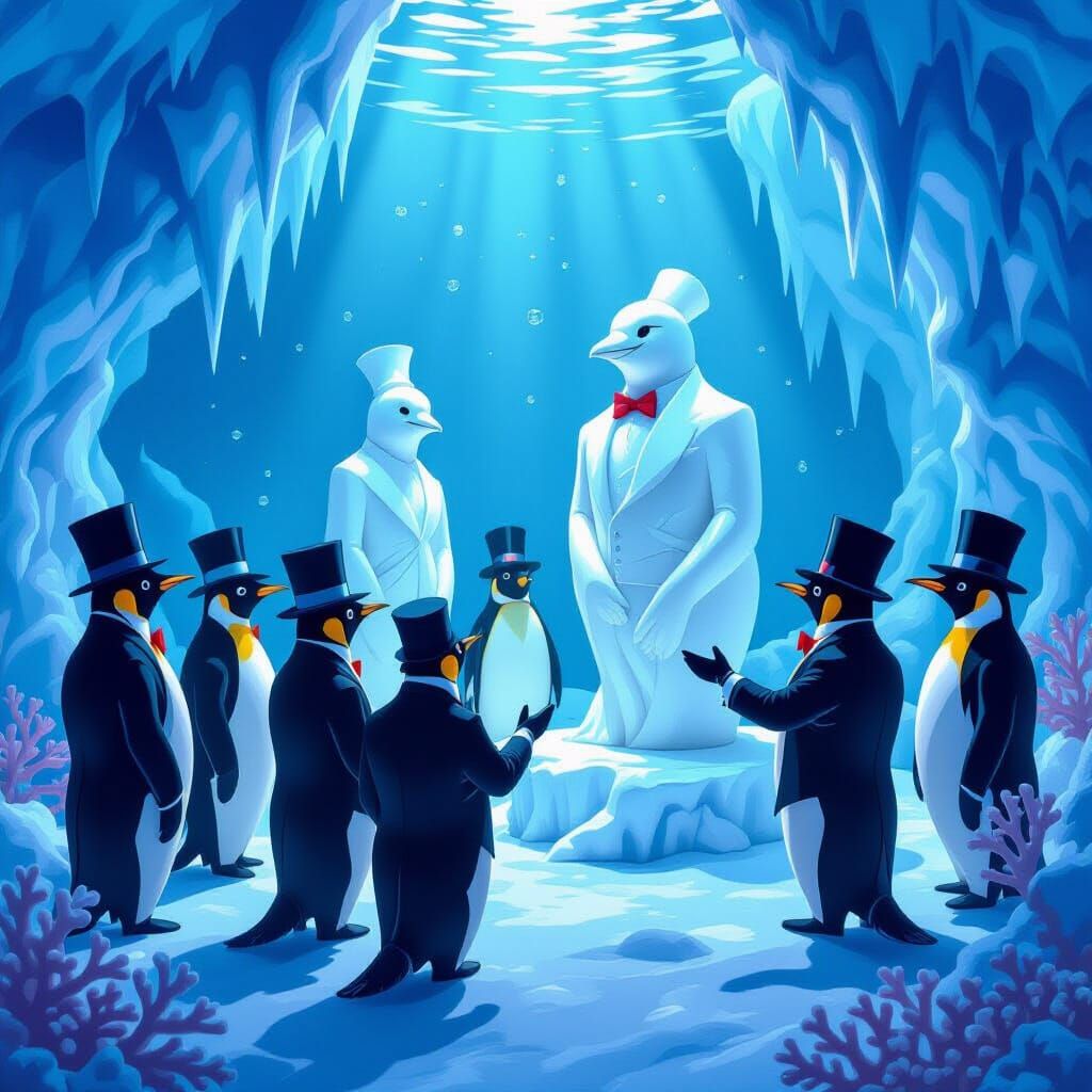 Penguins Admire Ice Sculptures in Underwater Gallery