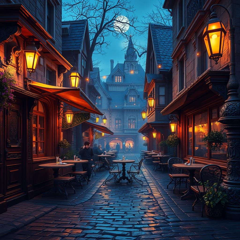 Whimsical Nighttime Cafe in a Fantastical Realm