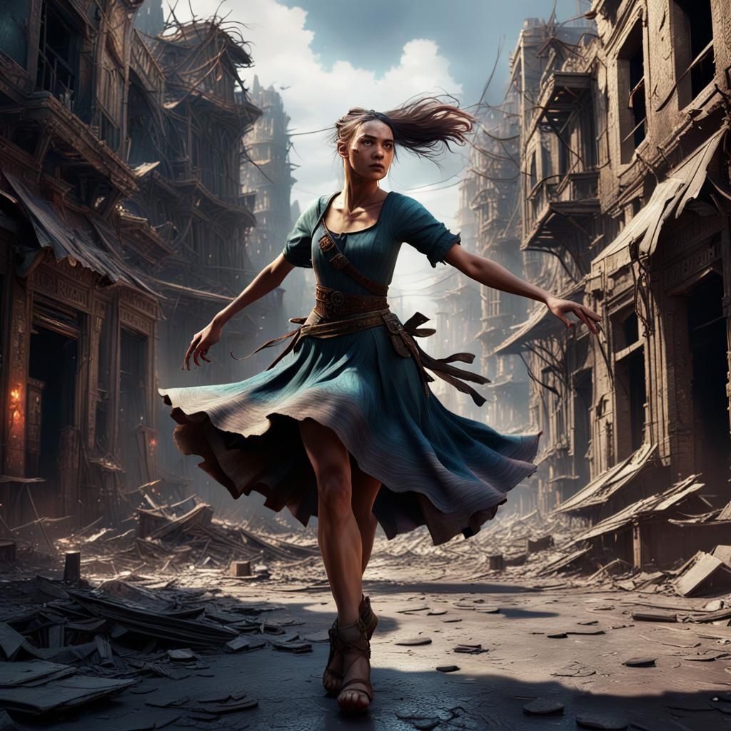 Girl Dancing in War-Torn City: Fantasy Concept Art