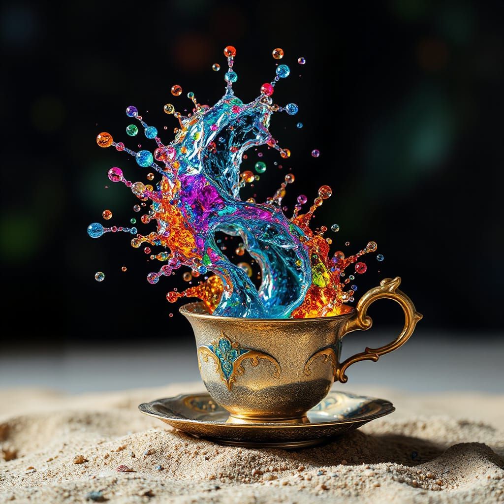 beautiful surreal sculptures on a beach made of exploding Sp...