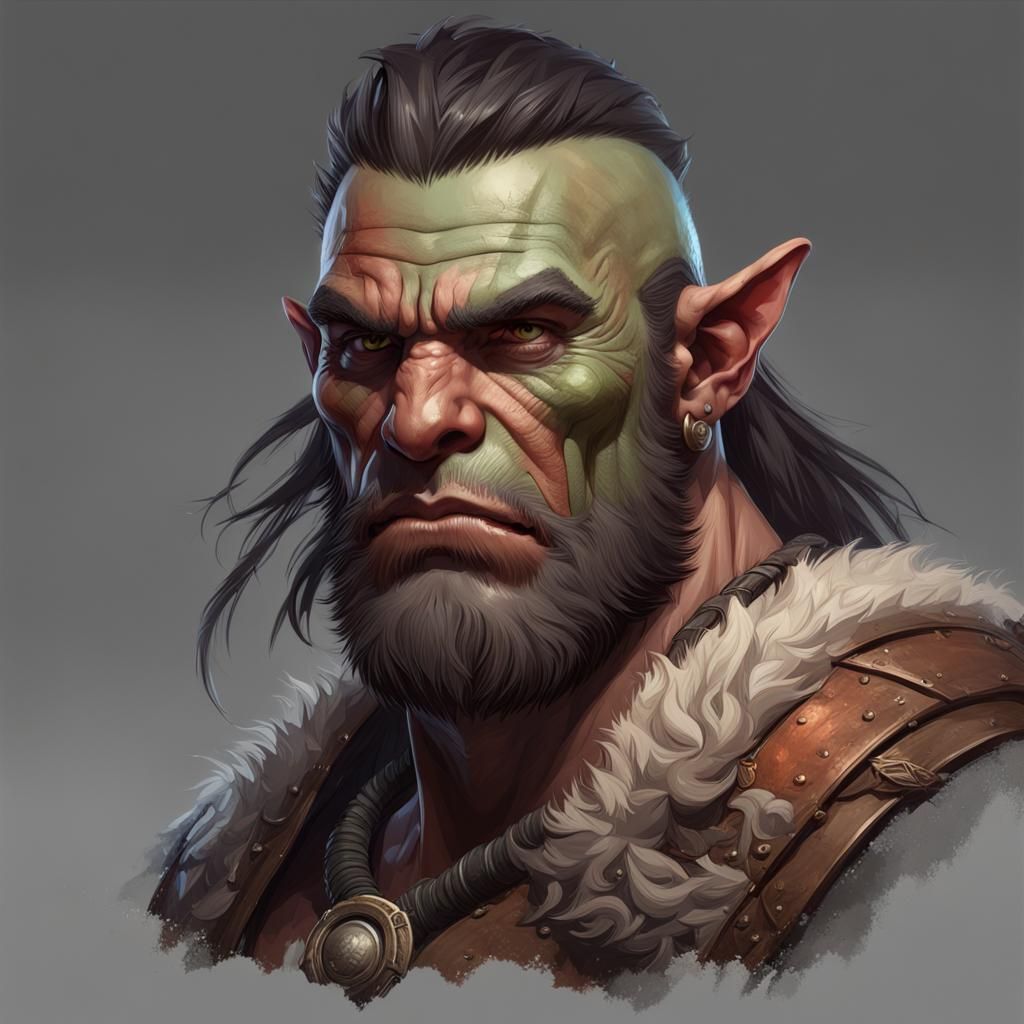 Half-Orc Barbarian Portrait in Detailed Splash Art Style