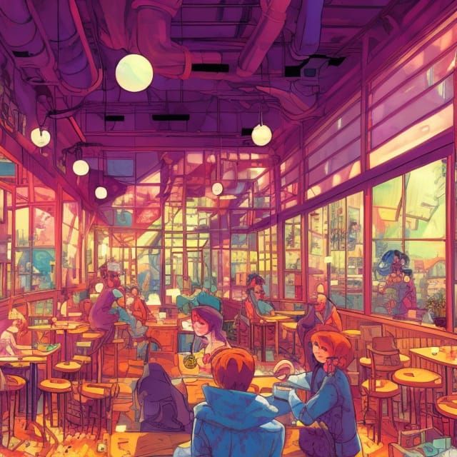 Cyber Lo-fi Cafe: Comic Book Style Illustration