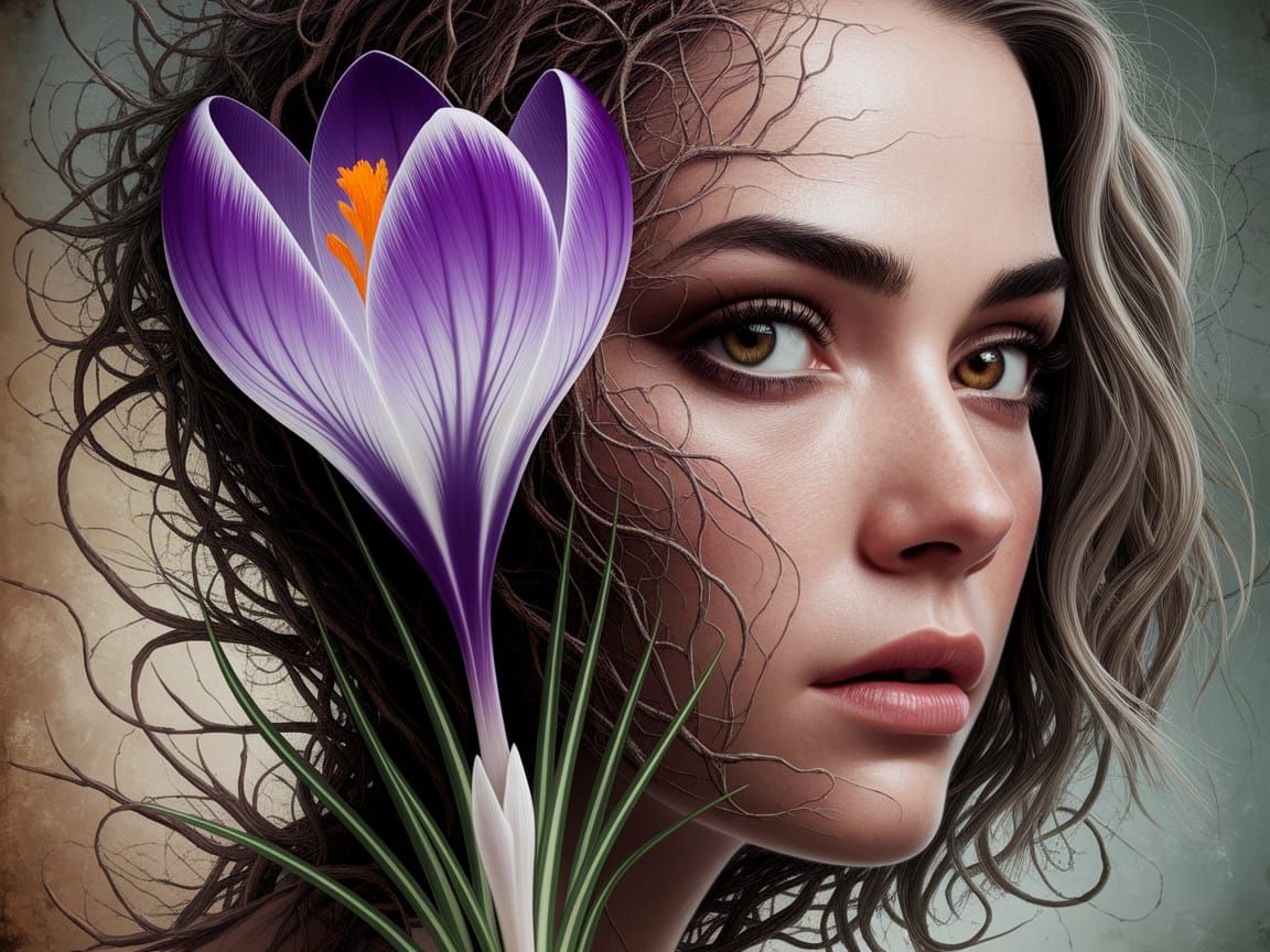 Surreal Portrait of a Woman with a Majestic Purple Crocus