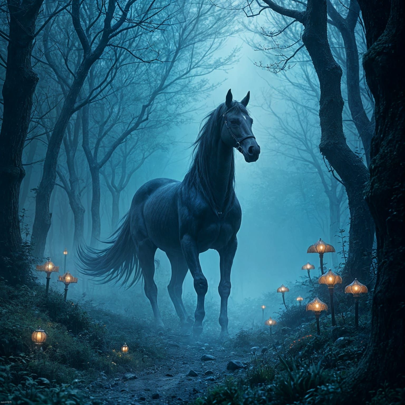 Mystical Black Stallion Spirit in Blue Misty Forest