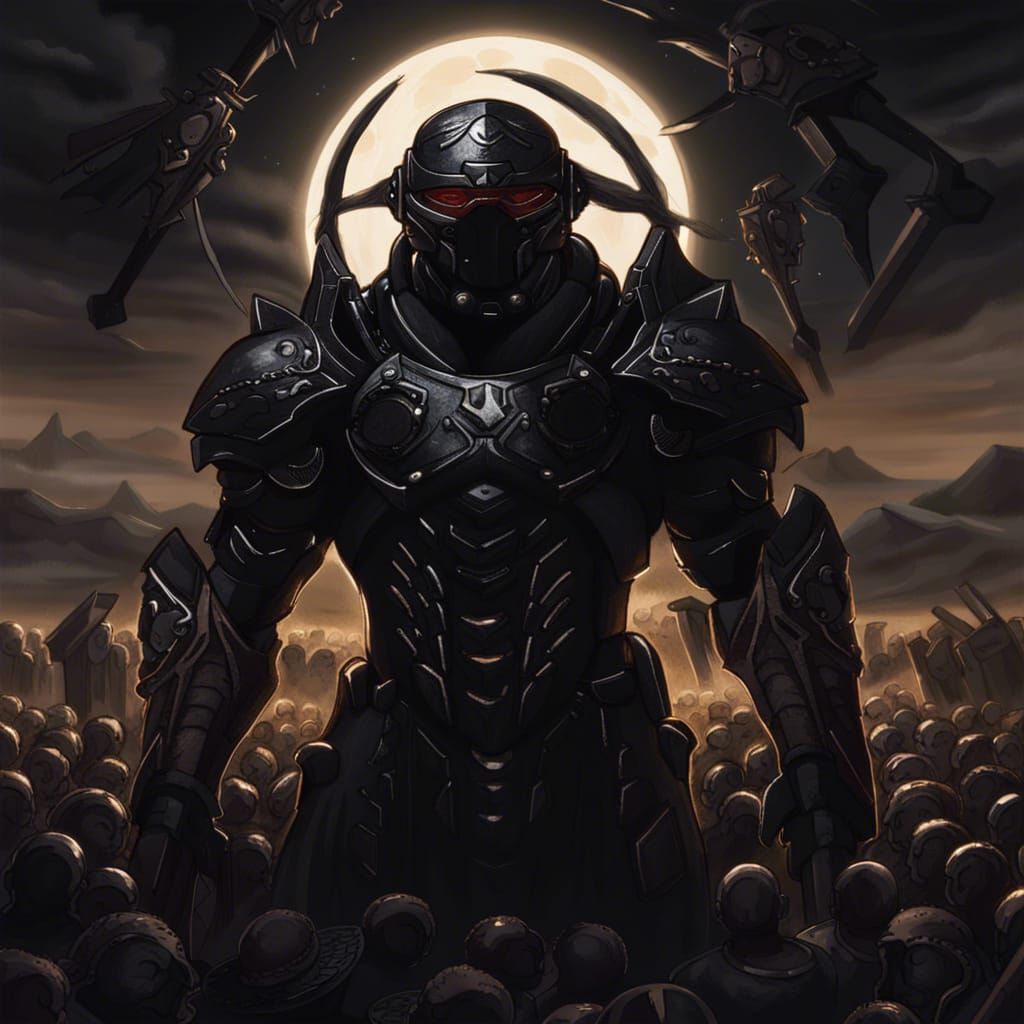 Nightmarish Armored Soldier in a Field of Crucifixion