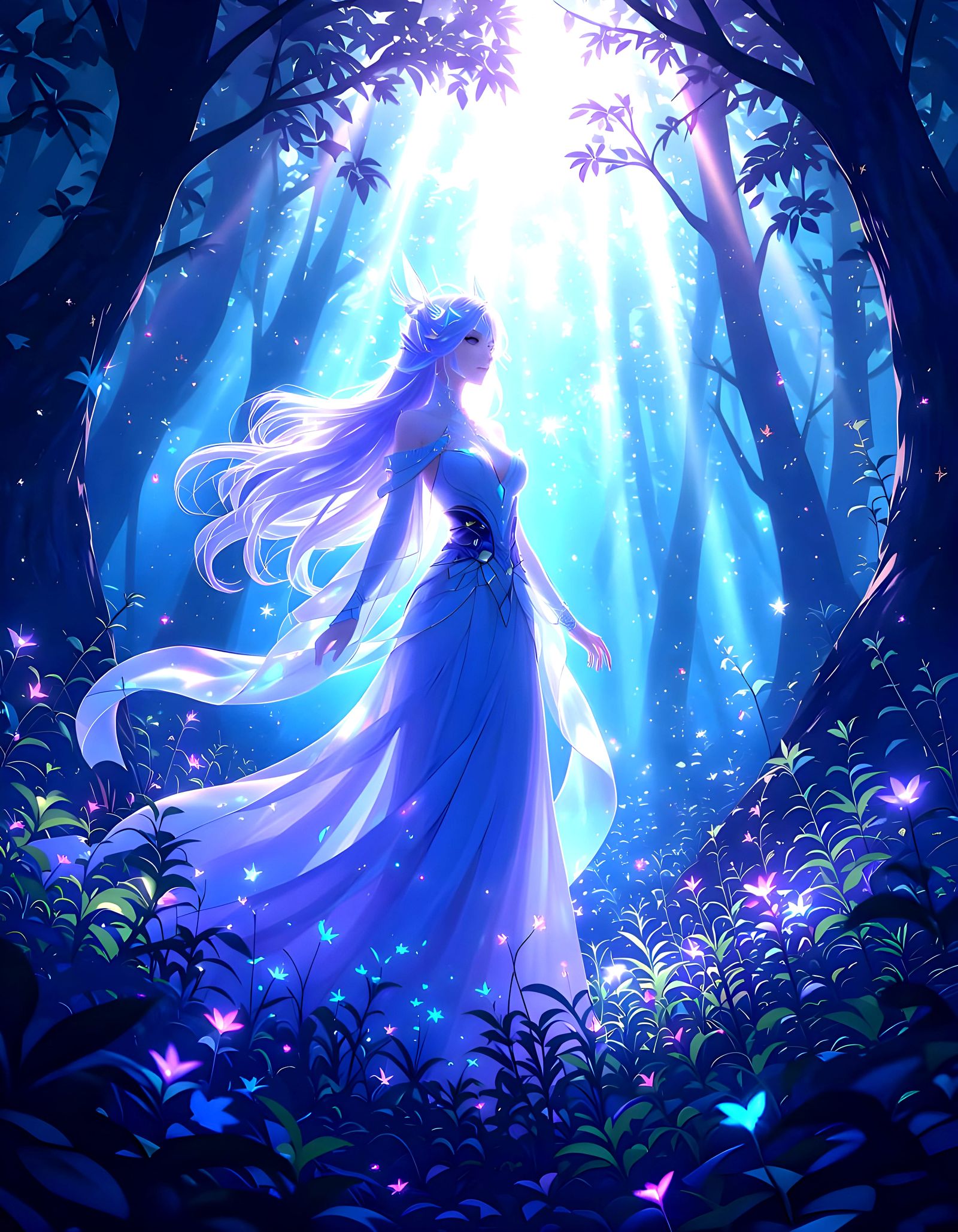 Ethereal Goddess in Bioluminescent Forest