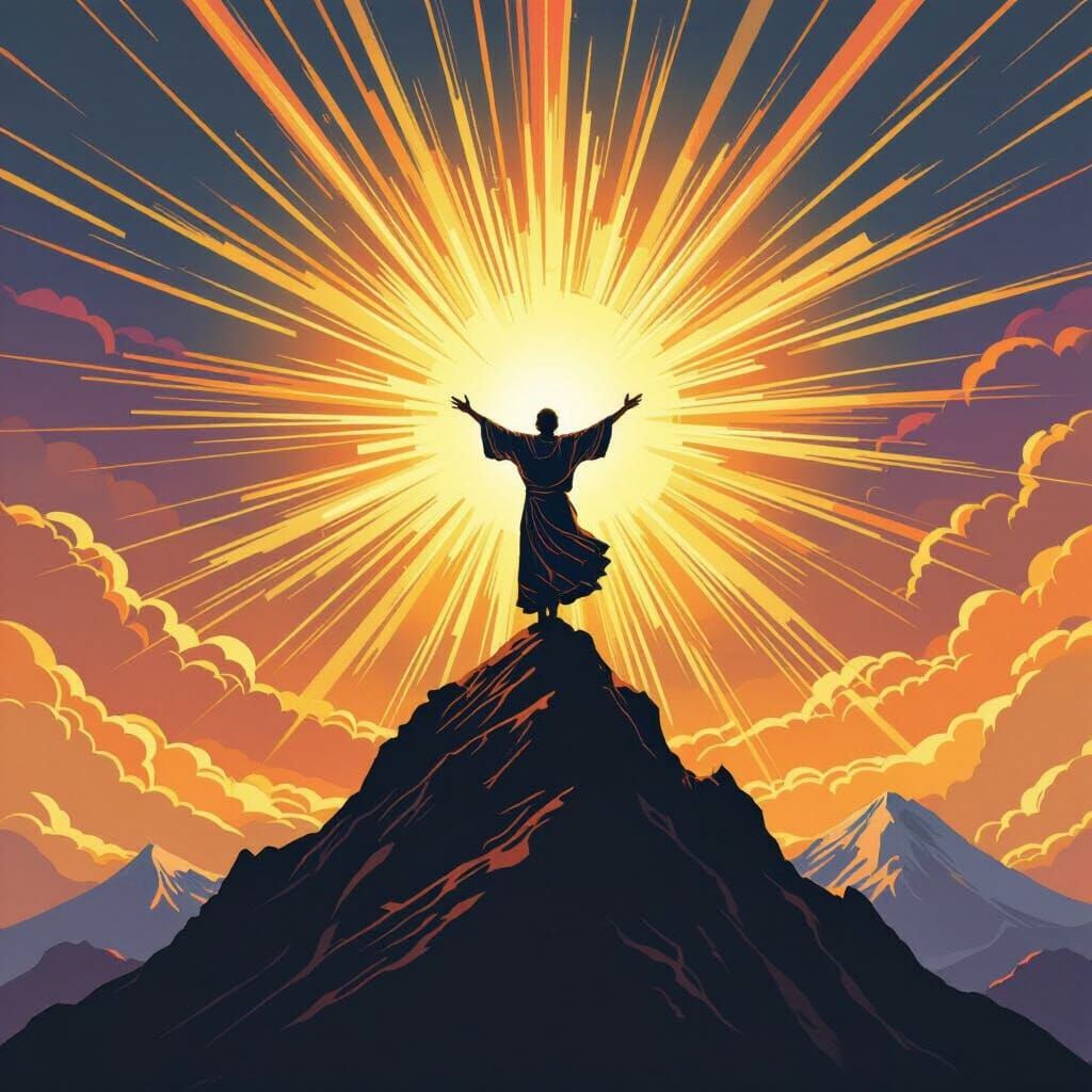 Figure Ascends Mountain Peak with Radiant Energy
