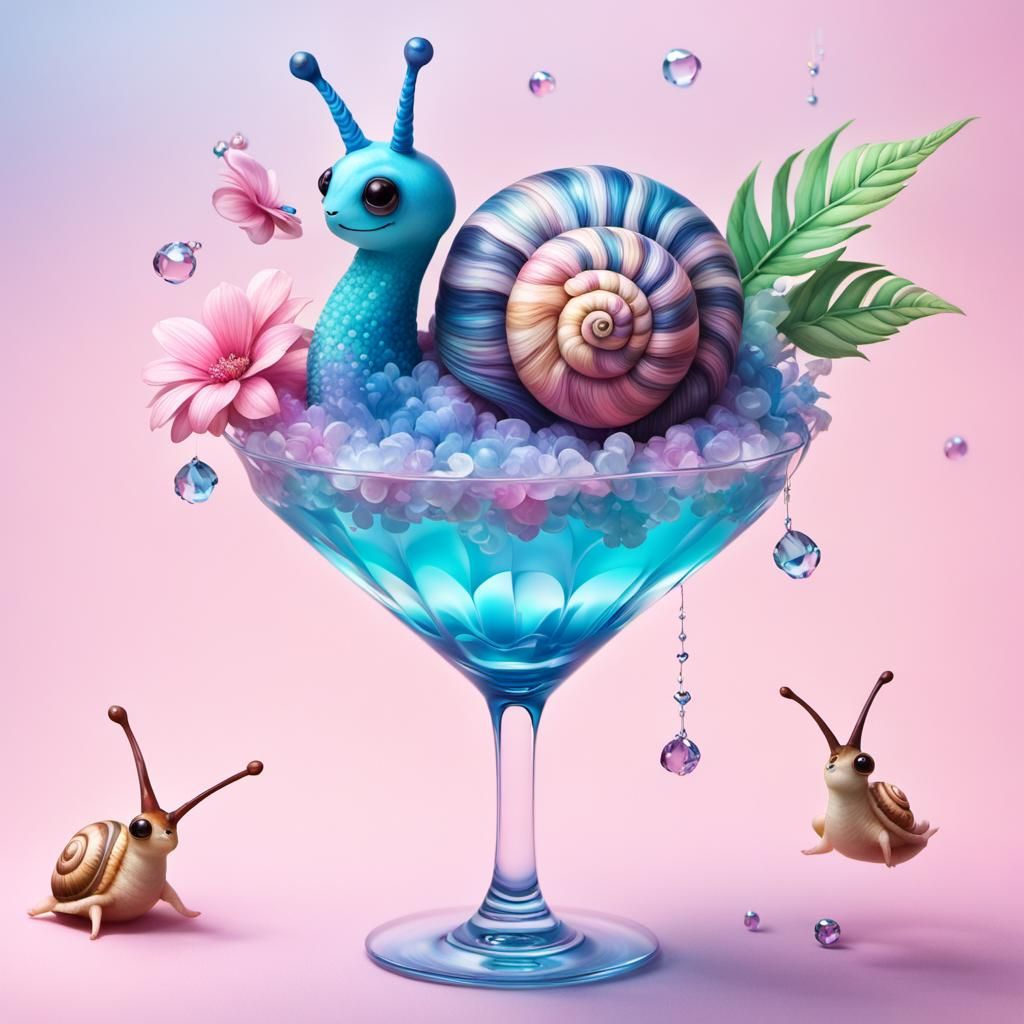 Hyper-Realistic Kawaii Cocktail Snail with Crystals