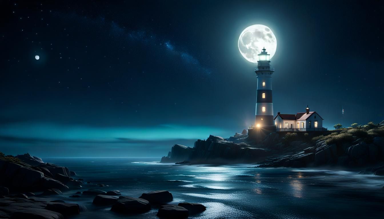 Lighthouse Illuminates Night Sky in Dreamlike Scene
