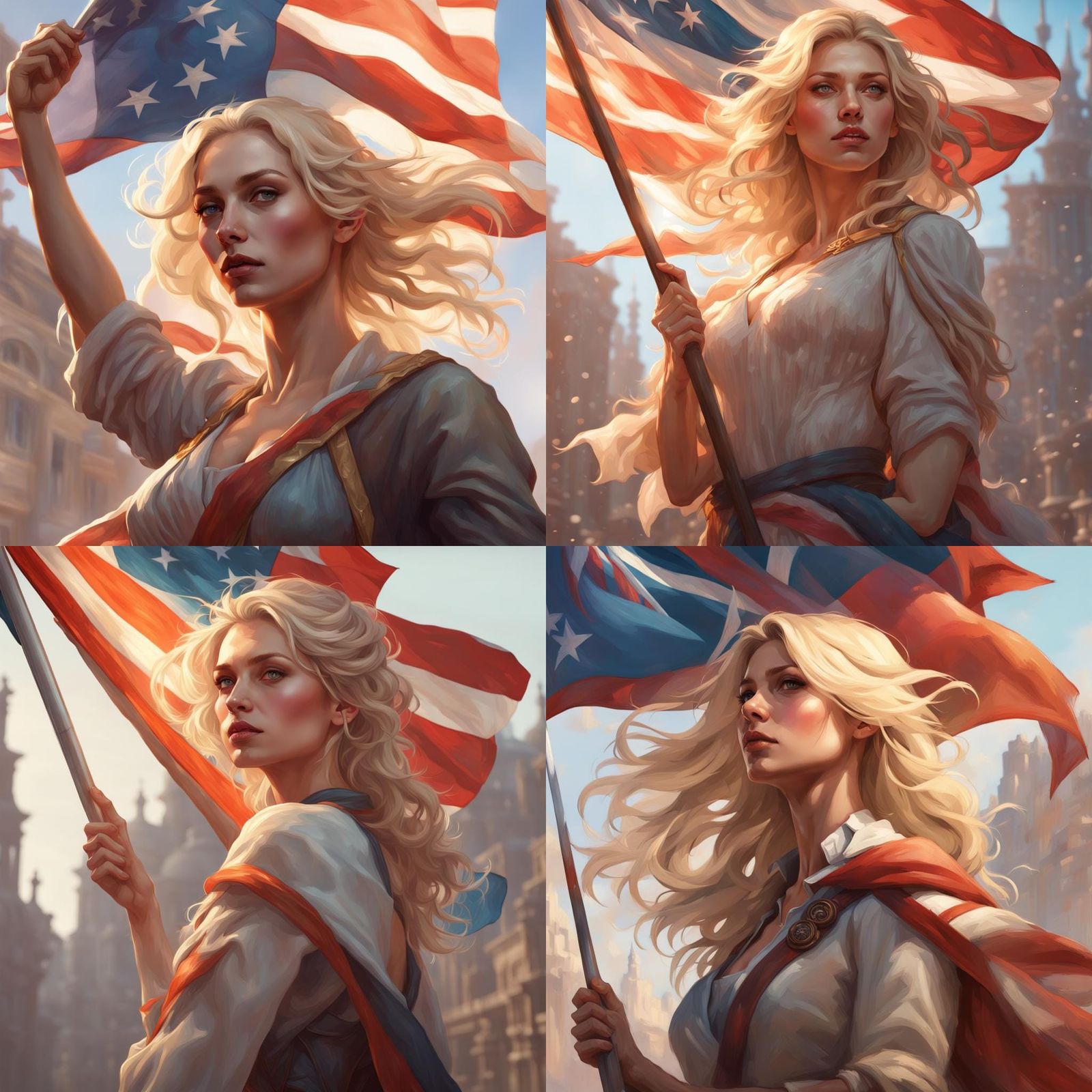 Blonde Woman Waving Flag: Hyperdetailed Portrait