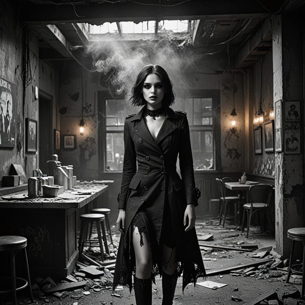 Fashion Model Poses in Rubble Coffee Shop