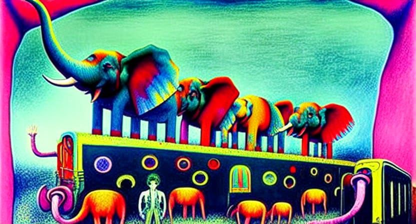 Surreal Circus Train with Elephants, Detailed Pencil Drawing