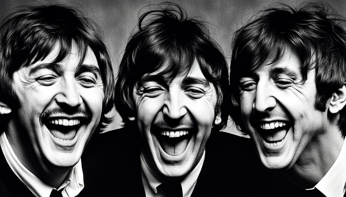 head portraits of some of the Beatles laughing out loud