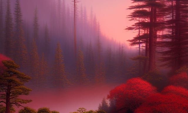Red Pine Forest at Dusk: A Matte Painting