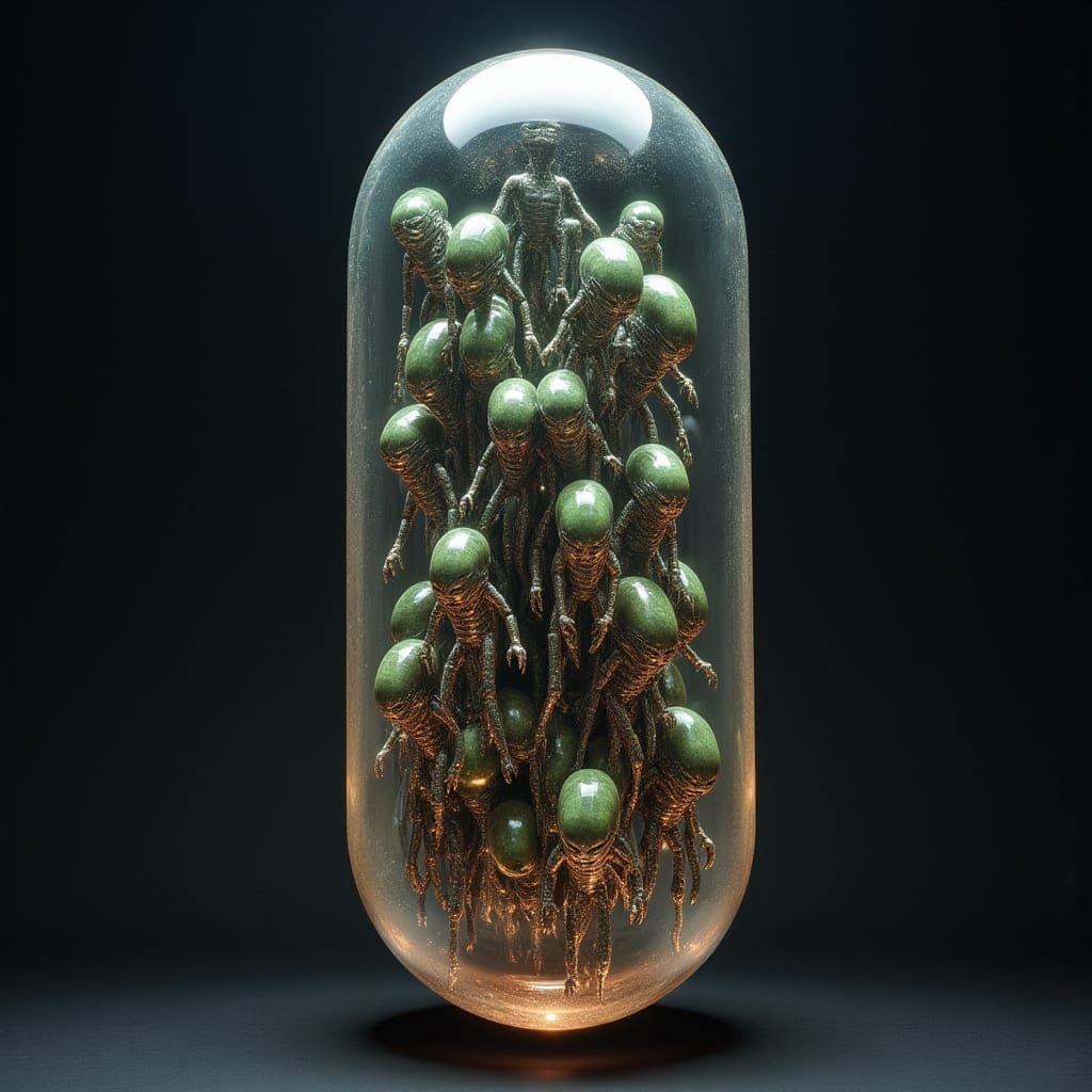 Gigeresque Aliens in Glass Capsule about to be Consumed