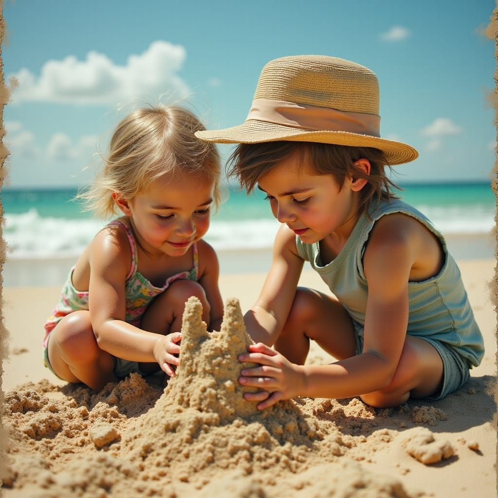 Children Building Sandcastle: Mixed Media Beach Scene