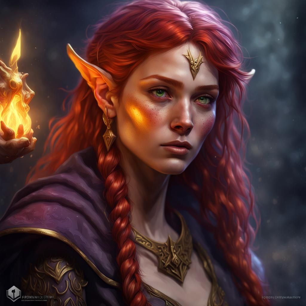 Red Haired Elf Necromancer in Dark Fantasy Style