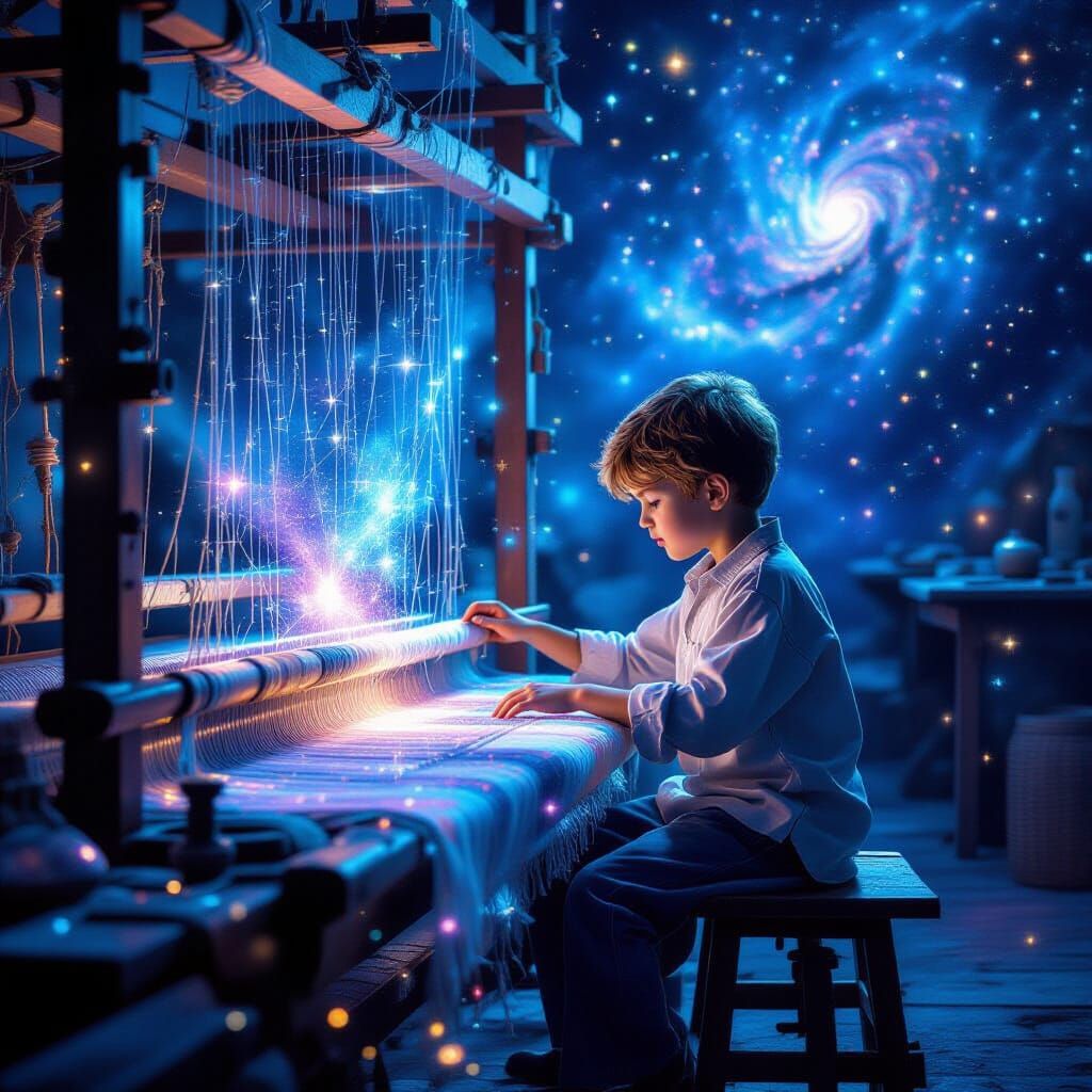 Boy Weaves Star Tapestry in Cosmic Workshop