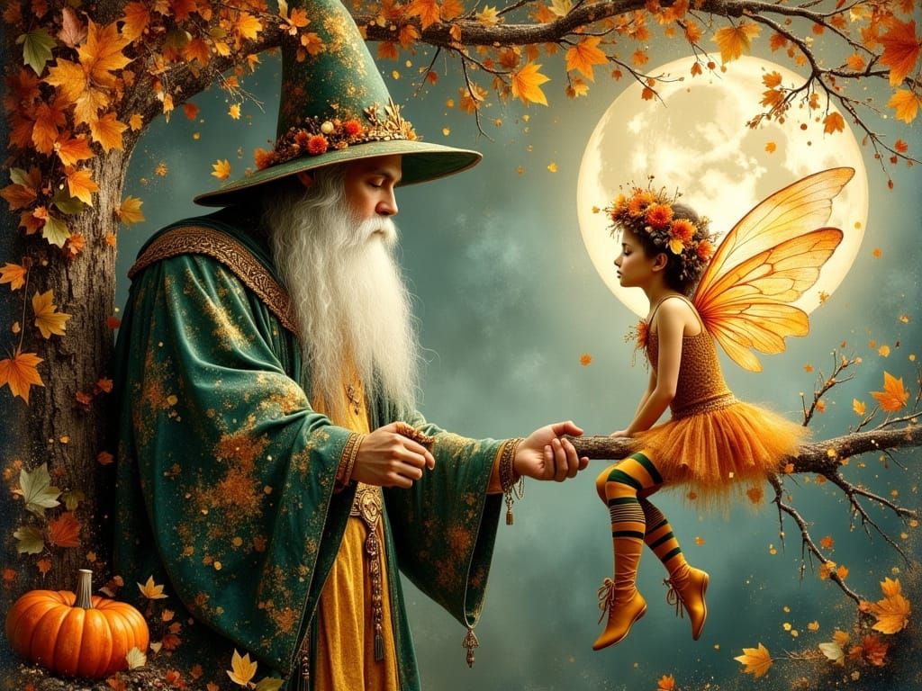 Magical Wizard and Autumn Fairy in Enchanted Forest