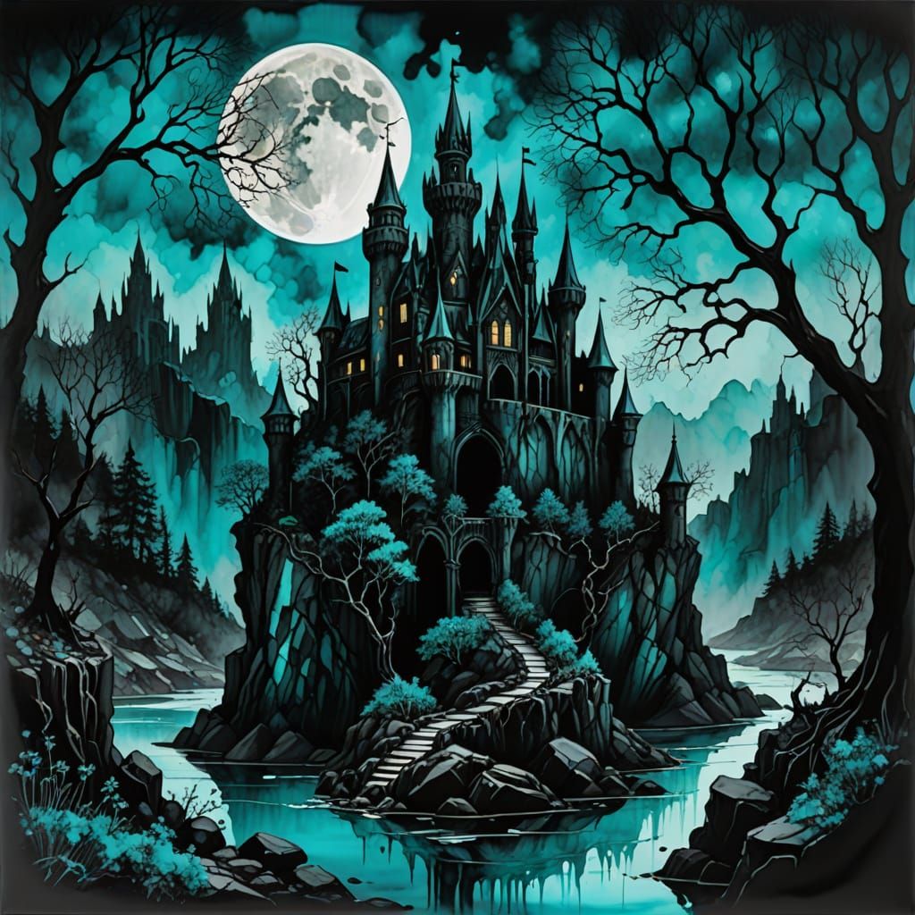 Gothic Castle in Turquoise Alcohol Ink Art