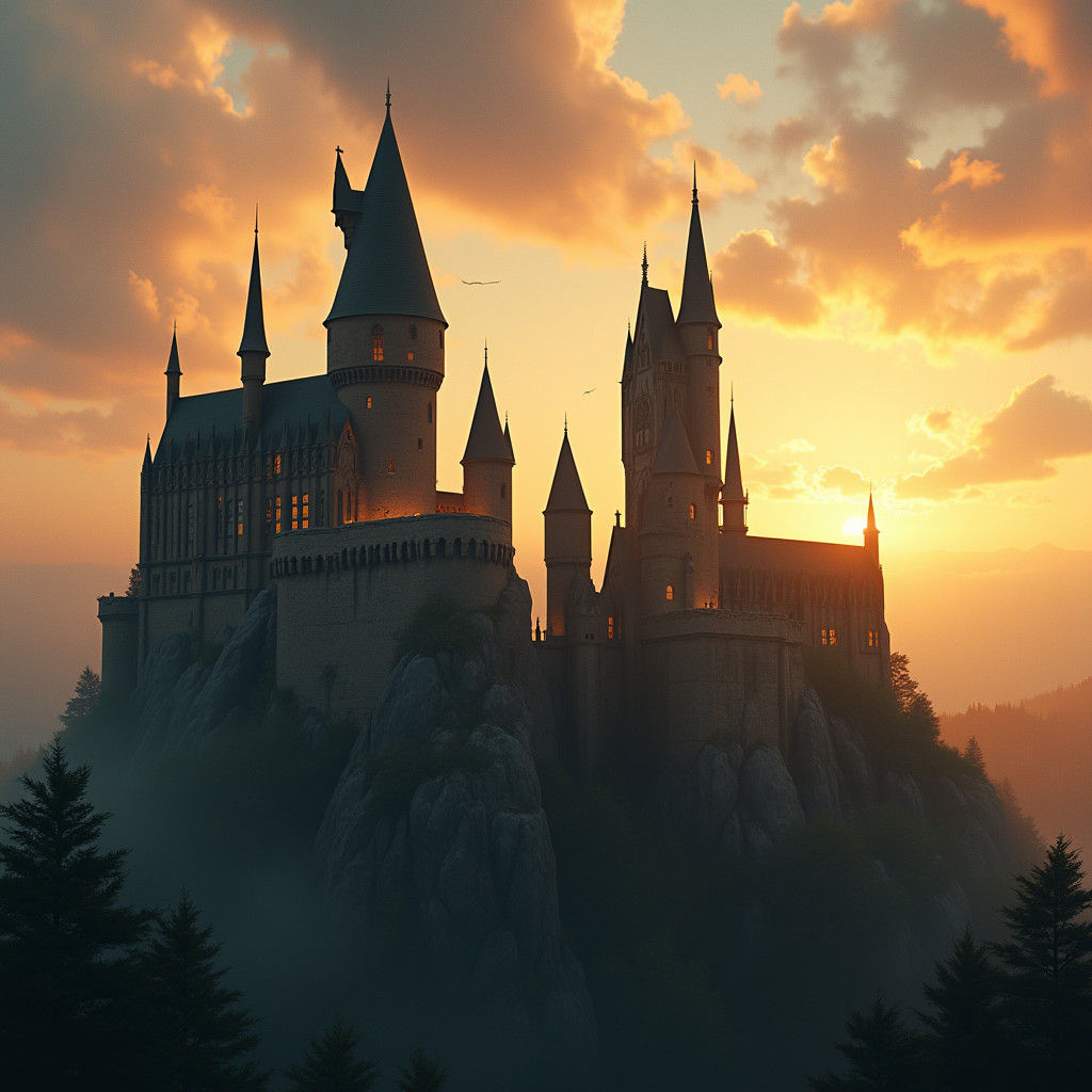 Hogwarts Castle at Sunset in Mystical Landscape Style
