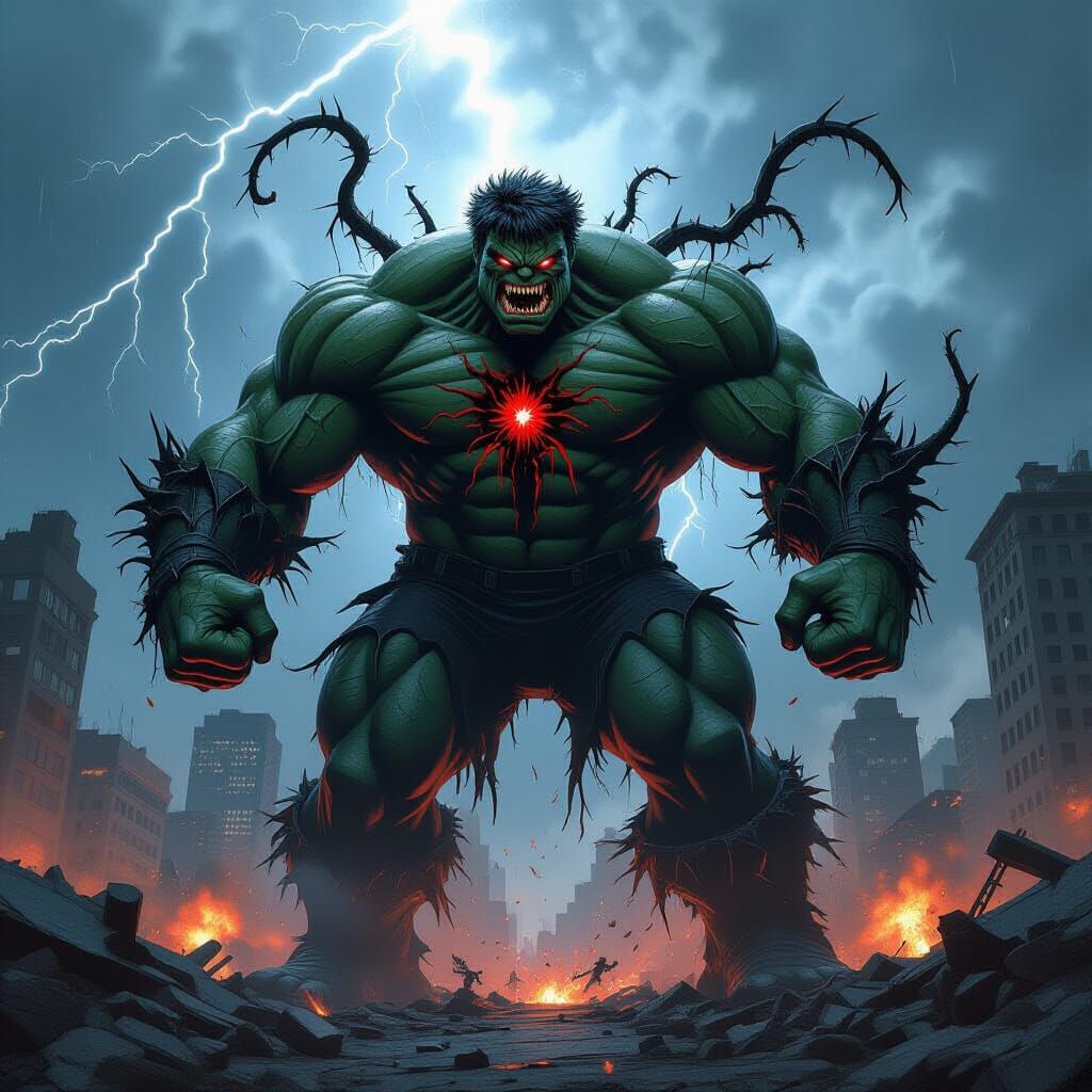 Carnage Hulk Hybrid in Ruined Cityscape