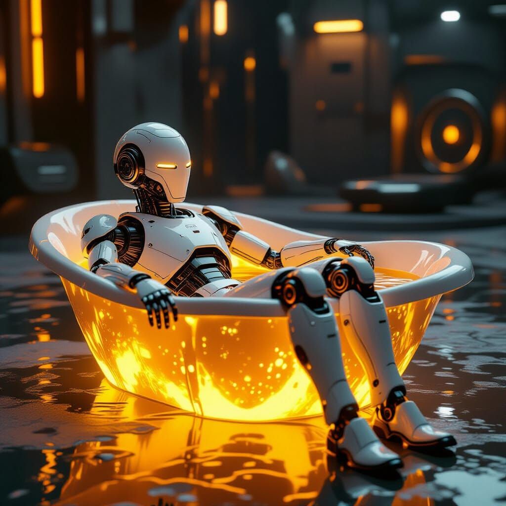 Serene Robot Enjoys Machine Oil Bath in Sci-Fi Setting