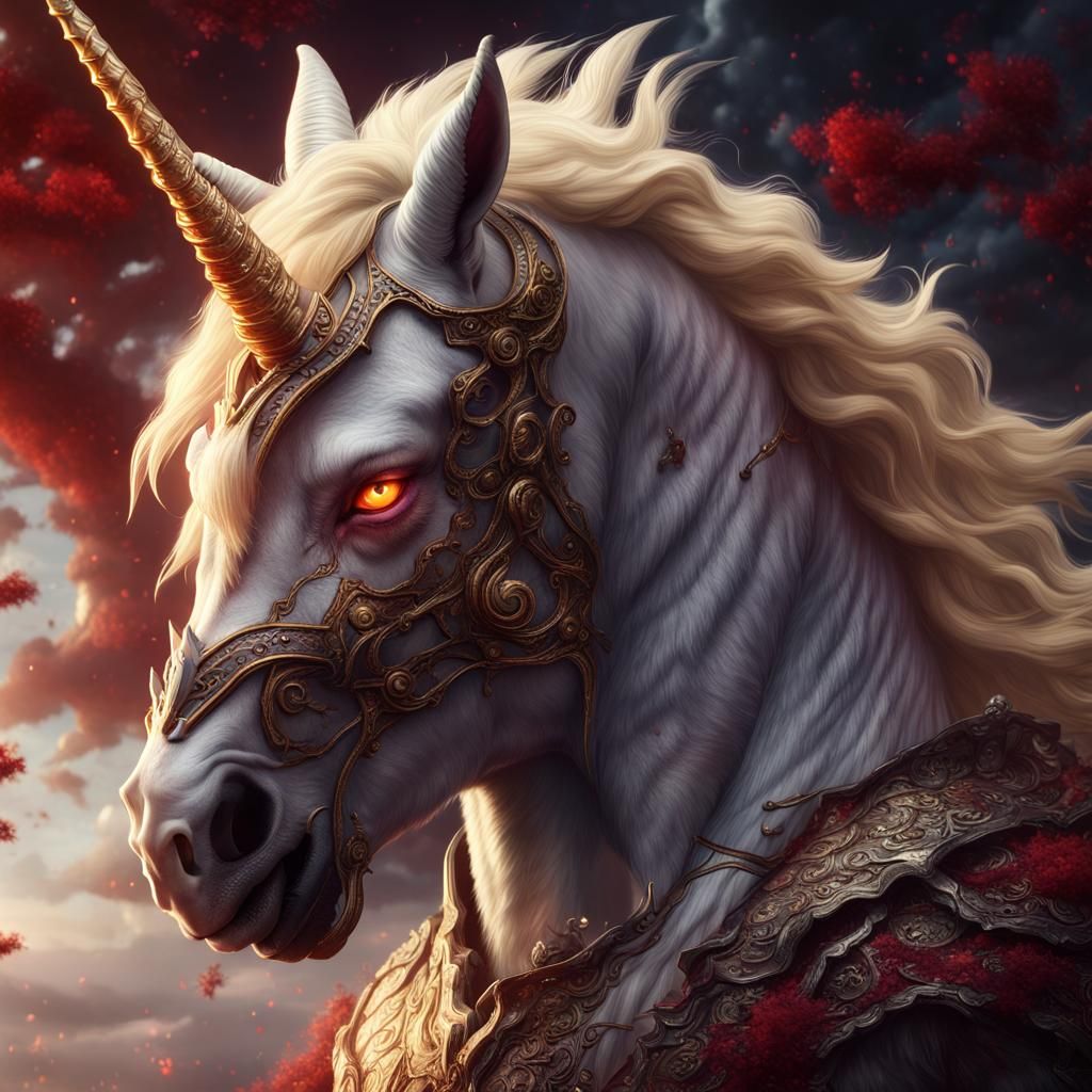 Blonde Unicorn with Red Eyes, Detailed Digital Art