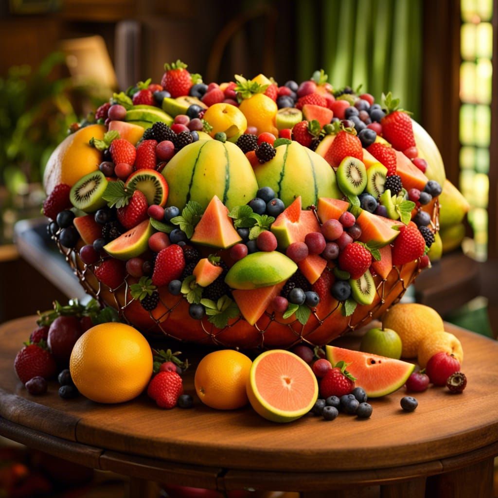Elaborate Fruit Basket Carved From Melon