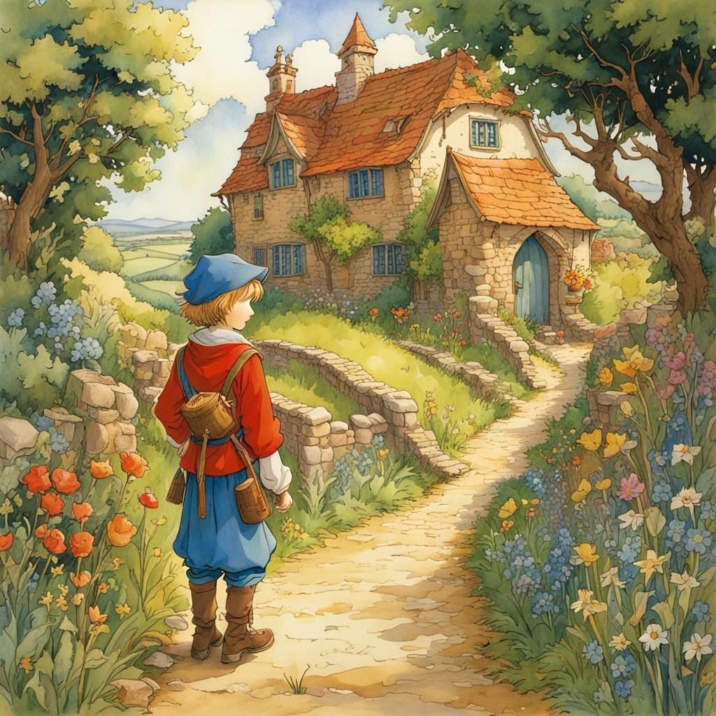 Anime Boy in Medieval Countryside Scene