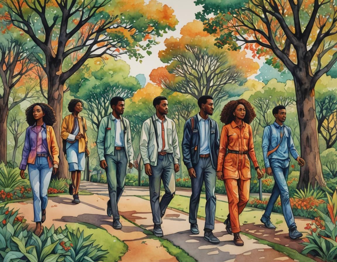 Young People in Park: Watercolor Marker Art