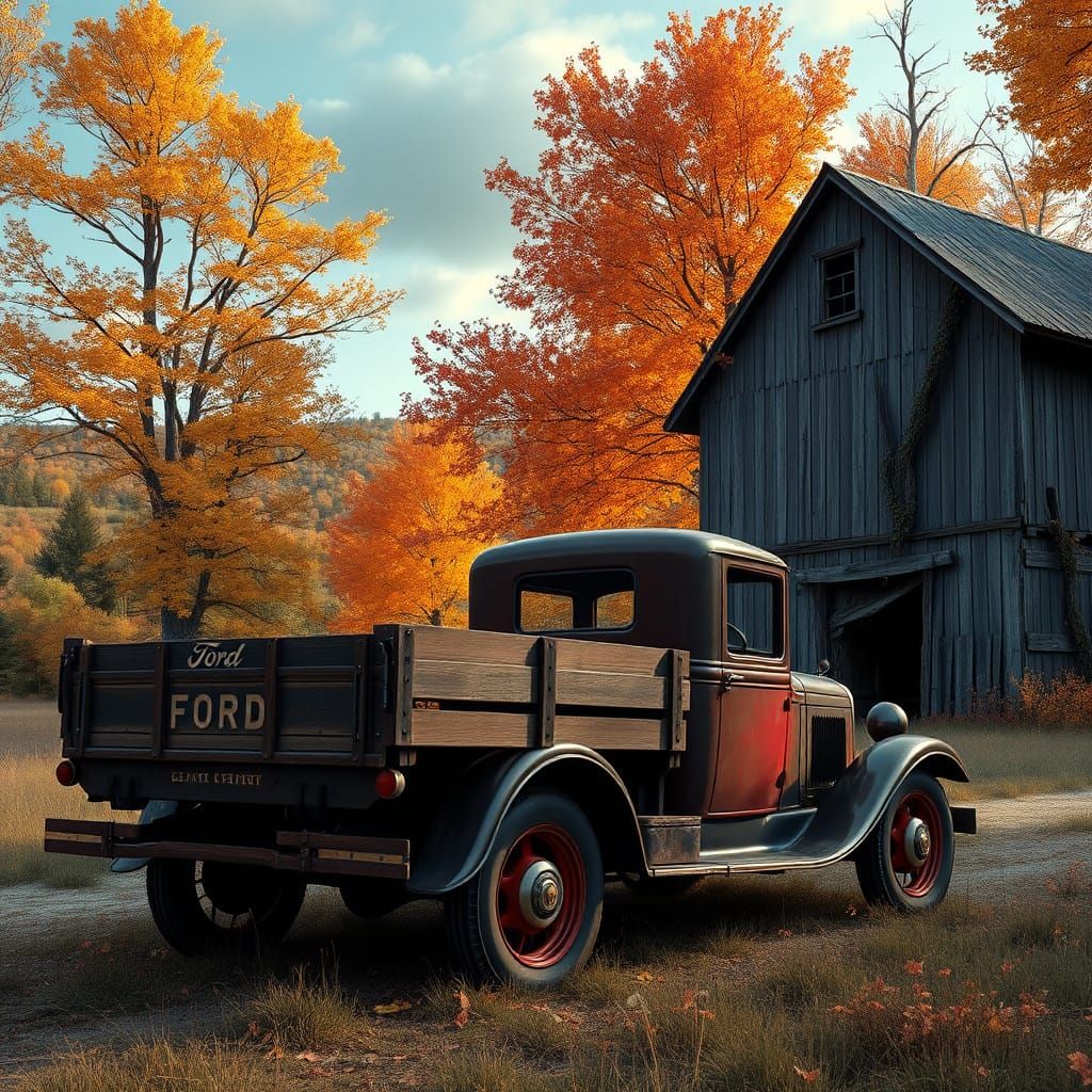 Vintage Ford Truck Beside Weathered Barn in Autumn Landscape