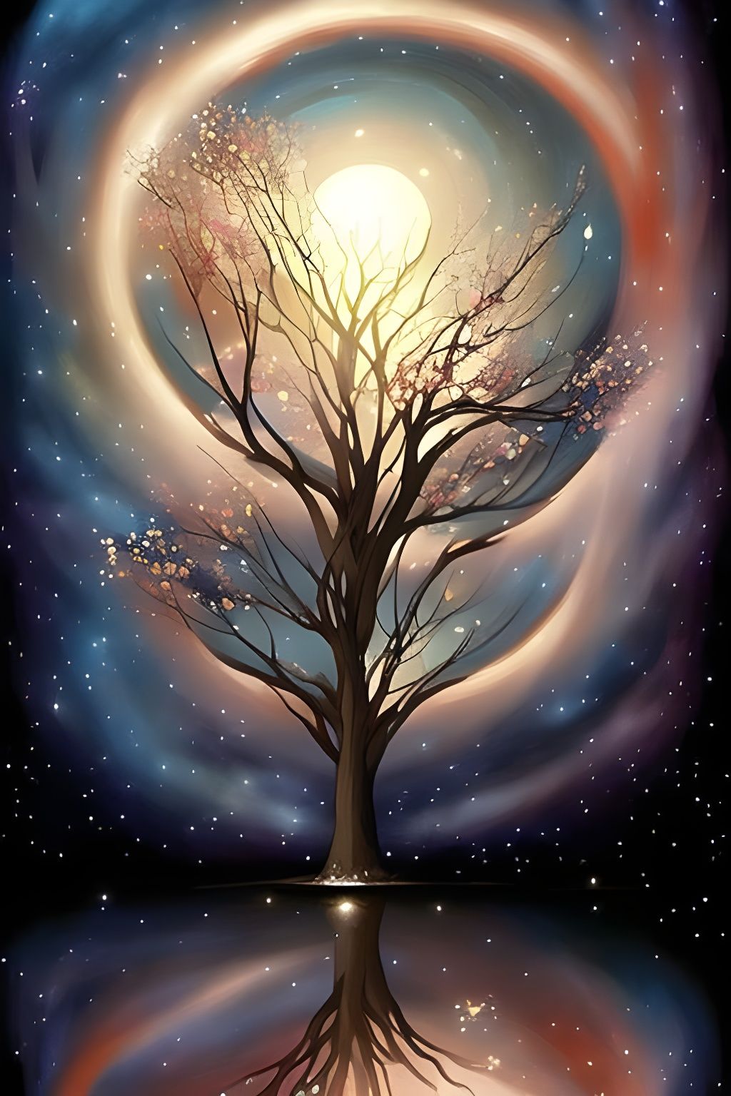 Cosmic Blossoming Tree Spiraling Through Stars