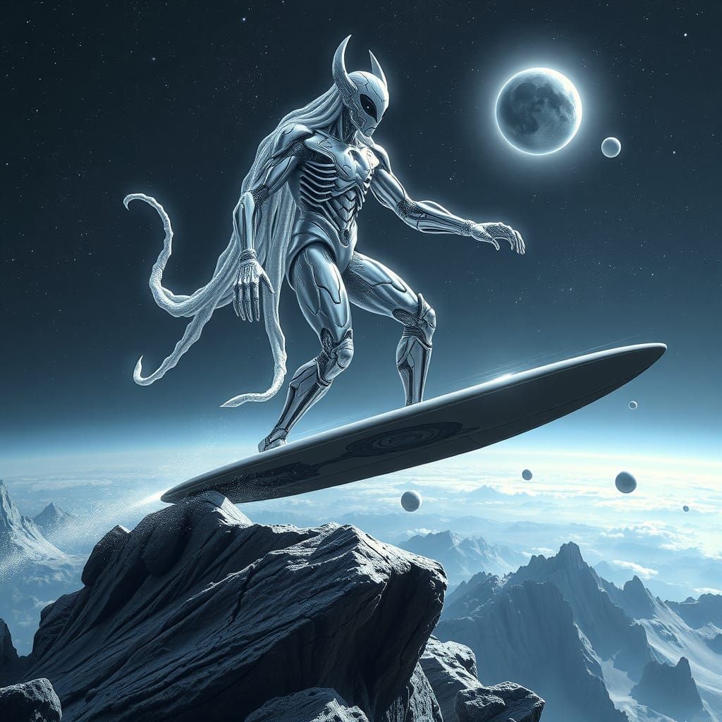 Silver Biomechanical Surfer of Cosmic Dust