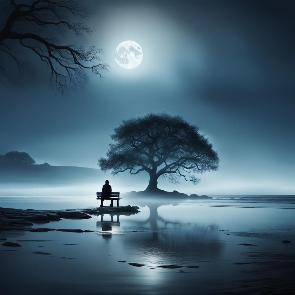 Surreal Beach Scene with Moonlit Figure