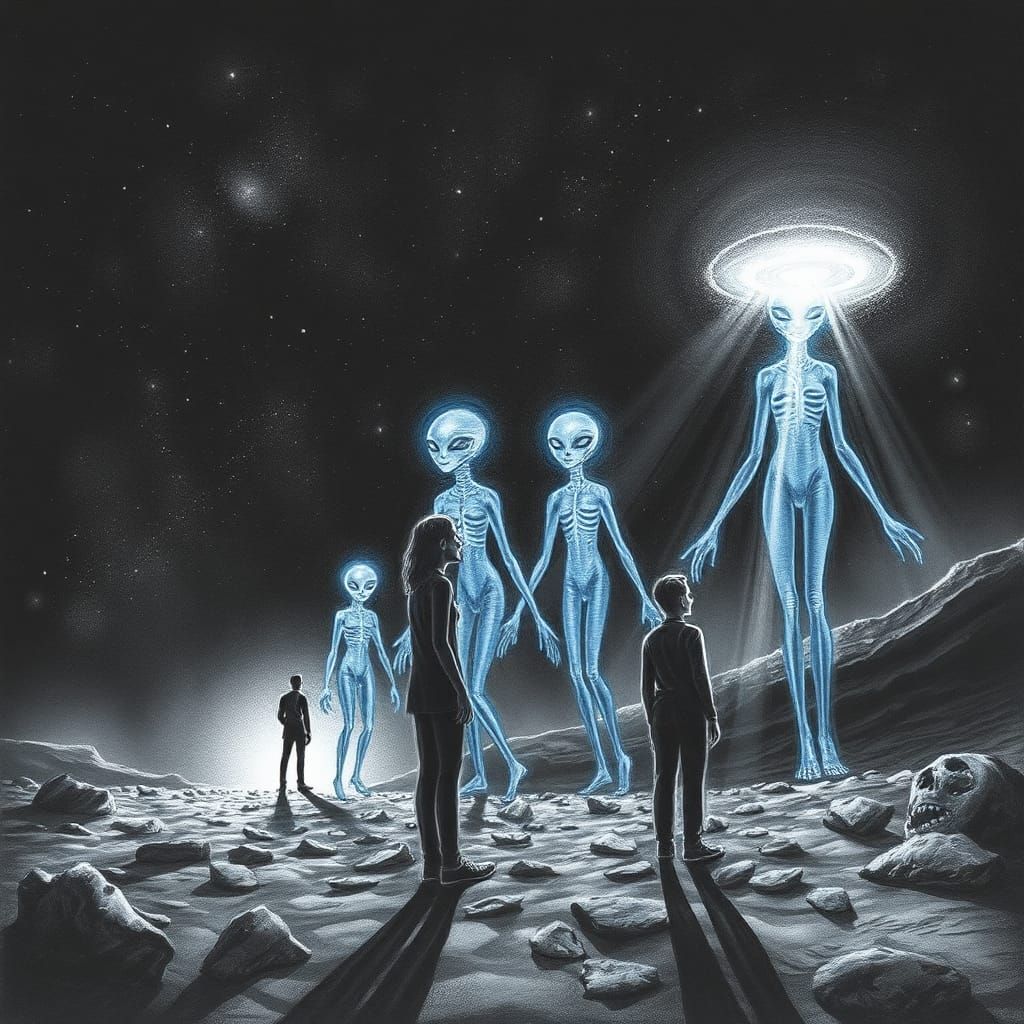 Pleiades Aliens Arriving in the Night: Charcoal Drawing